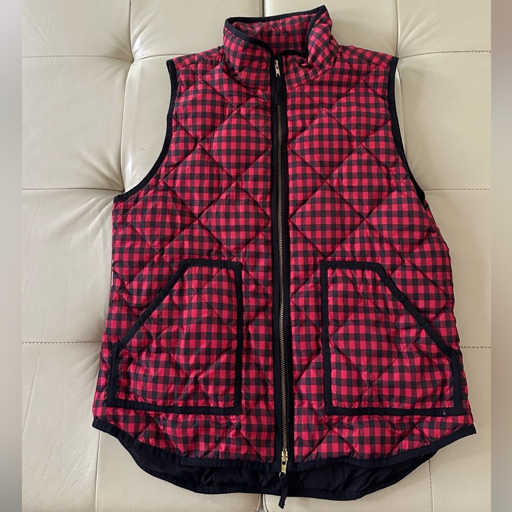 J. Crew Red and Black Checkered Puffer Vest